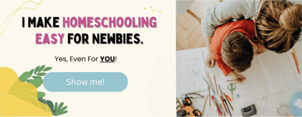 Left words I make homeschooling easy even for newbies like you. Right image of mom and boy leaning over table with school work below
