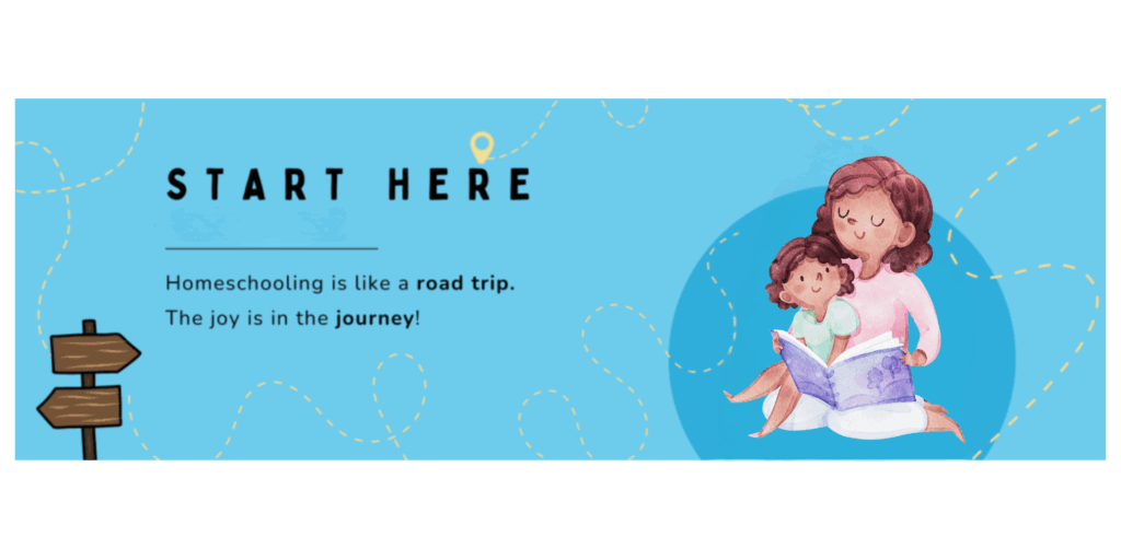 Start here with animated mom and son reading and road signs discussing homeschool is like a road trip