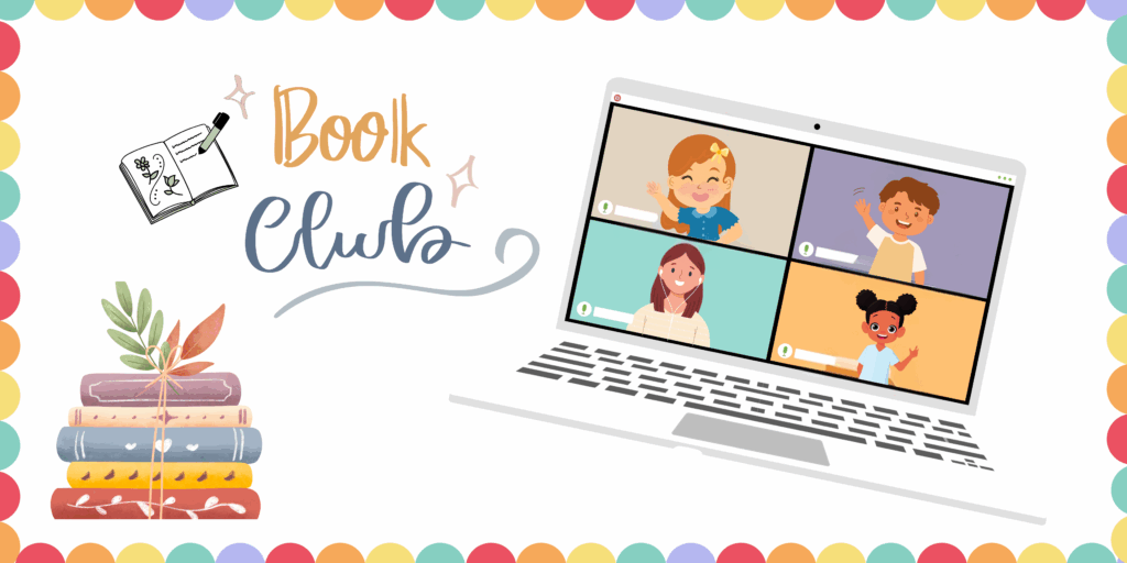 book club with computer and children in a zoom like meeting waving and rainbow border